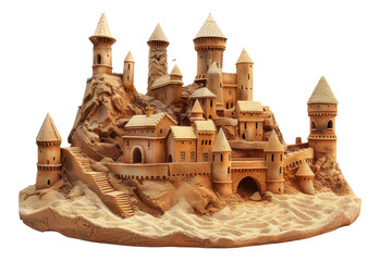 Intricate sandcastle sculpture with towers on transparent background - stock png.