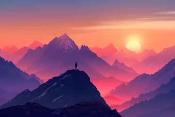 Schilderijen op glas of a Hiker at Sunrise on a Mountain Peak © milkyway