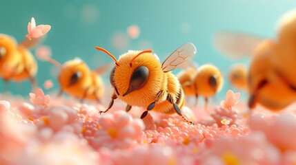 Delightful illustration of colorful honeybees buzzing over a field of flowers: vibrant digital illustration of cheerful honeybees collecting pollen in a colorful spring garden - obrazy, fototapety, plakaty