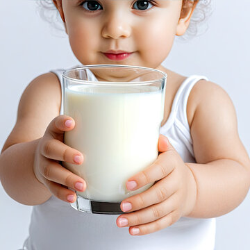 A little girl holds a glass of milk in her hand