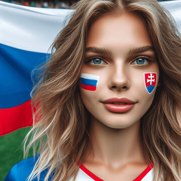 Slovakian Young Female Soccer Fan with Painted National Flag Cheeks at UEFA Euro Championship