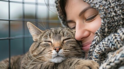 Happy young woman adopting a cat from an animal shelter, background is the animal shelter. Volunteering at an animal shelter. Rescue dog, new family, pet adoption, helping animals. Generative ai