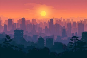 Urban Cityscape at Sunset: A Flat of Silhouetted Buildings and Trees against a Vibrant Pink Sky