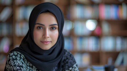 Young muslim woman student in hijab holding books in a university college library. Islamic education concept for women. Generative ai