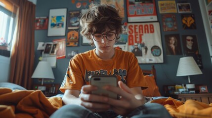 Very sad teenage boy looking at her smartphone. Teenager checking her smartphone at her bedroom. Teen scrolling through social media on her phone screen. Internet addiction in kids. Generative ai.