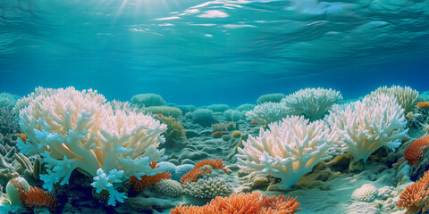 Fototapeta na wymiar Pristine white coral reef under clear blue ocean waters