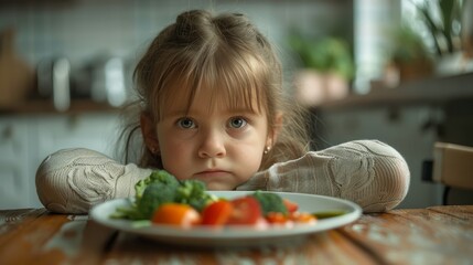 Unhappy little girl sitting in front of plate with healthy food in kitchen at home. Child do not want to eat healthy food, vegetable. Generative ai