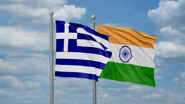 India and Greece two flags waving together, looped video, two country relations concept