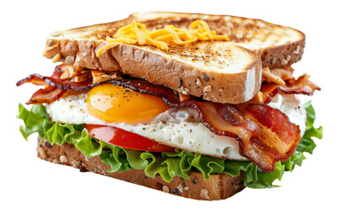Gourmet open-faced sandwich with egg and bacon on transparent background - stock png. - obrazy, fototapety, plakaty