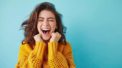 Happy Screaming young woman on pastel blue background.  Joy vibe - obrazy, fototapety, plakaty