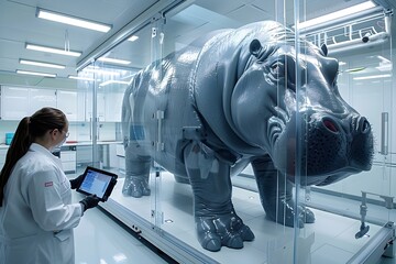 3D Printing of Futuristic Grey Metallic Hippo in High-Tech Lab