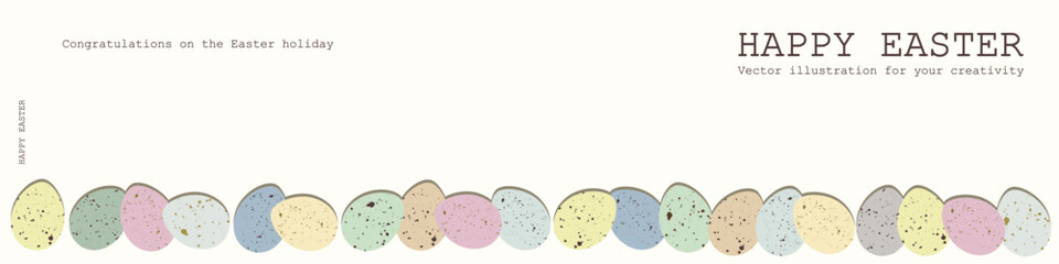 Vector illustration. Banner, Happy Easter inscription, Easter eggs, in pastel colors on a light background. Postcard, invitation, social media, banner, card, advertisement, sale
