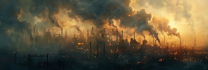 A massive facility produces a heavily polluted industrial landscape. Generative Ai