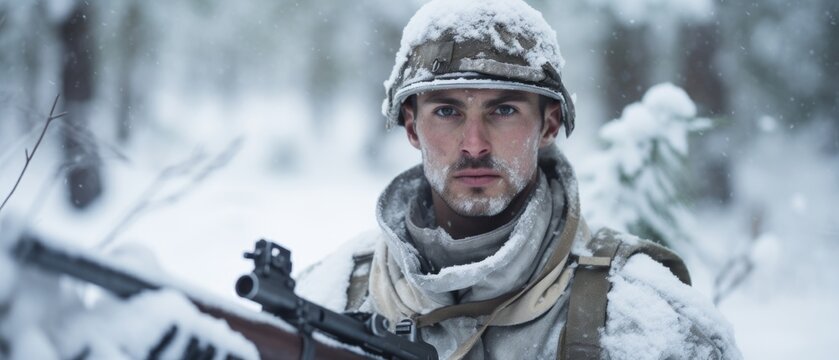 30 years old soldier in winter forest