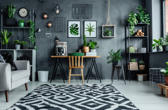 Modern home interior with a black and white patterned rug on the floor, grey painted walls