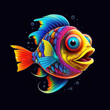 Vivid Pop Art  Fish Illustration on a Black Background
