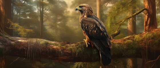 A giant wedge tailed eagle perched on a tree limb in an old growth forest - obrazy, fototapety, plakaty