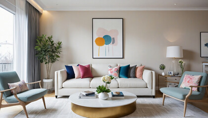Fototapeta premium modern white luxury home interior design living room soft cosy sofa furniture with colorful artwork pinting photo frame accent on the wall with light from window curtain house beautiful