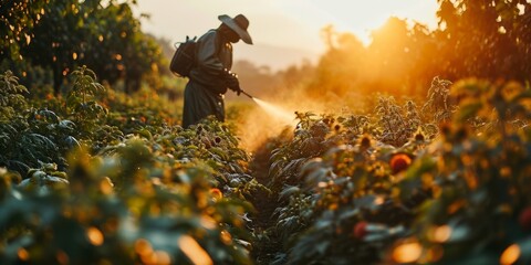 Silhouetted farmer sprays crops in golden light - obrazy, fototapety, plakaty