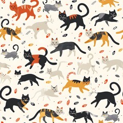 Playful Cats Seamless Pattern Displaying Feline Friends' Curiosity and Whimsy