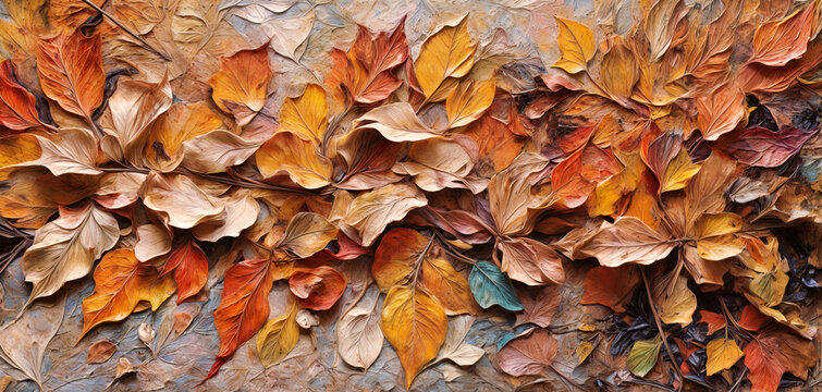 Closeup of abstract rough colorful multicolored organic autumnal fallen leaves art painting texture, with oil acrylic brushstroke, pallet knife paint on canvas wallpaper