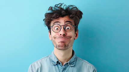 Man with fool facial expression on pastel blue background