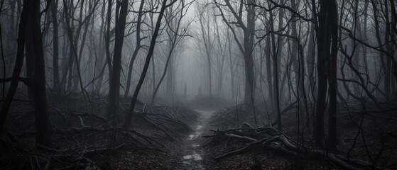 A haunting forest, thick with gnarled trees and tangled undergrowth - obrazy, fototapety, plakaty
