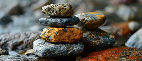 A carefully balanced stack of varied stones, symbolizing stability and tranquility, on a rough rocky surface