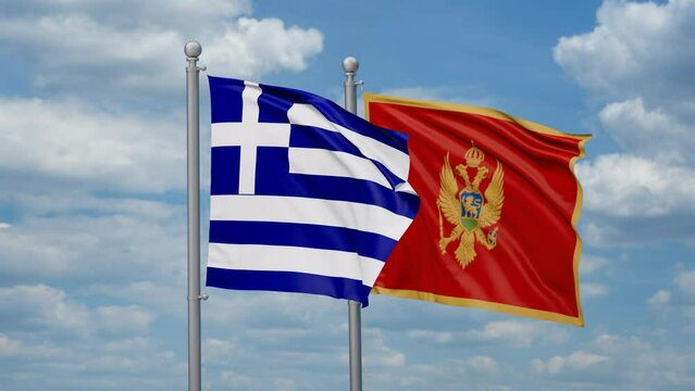 Montenegro and Greece two flags waving together, looped video, two country cooperation concept