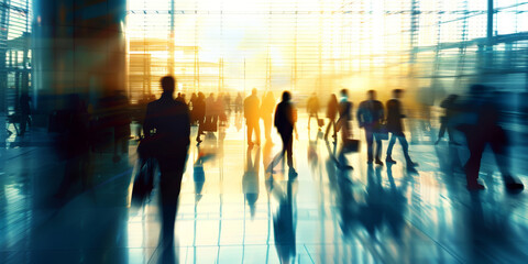 The image shows a group of individuals moving through an airport terminal. They are carrying luggage and navigating through the bustling airport environment - obrazy, fototapety, plakaty