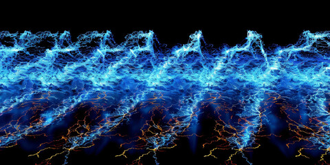 This photo captures a vivid blue background with multiple electrical lightning bolts crisscrossing and overlapping each other. The lines create a dynamic and striking visual effect
