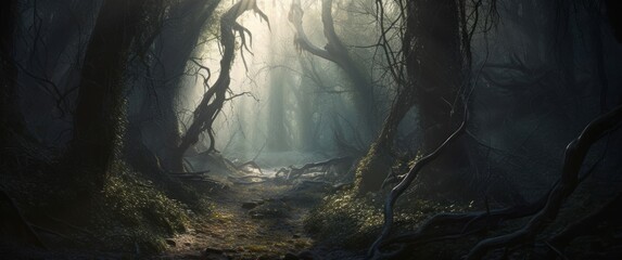 A haunting forest, thick with gnarled trees and tangled undergrowth - obrazy, fototapety, plakaty