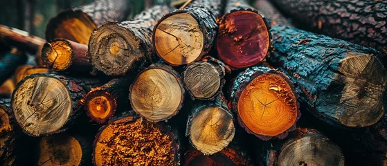 Tuinposter A vibrant pile of freshly cut firewood logs displaying a spectrum of colors and detailed wood grain textures © Lidok_L