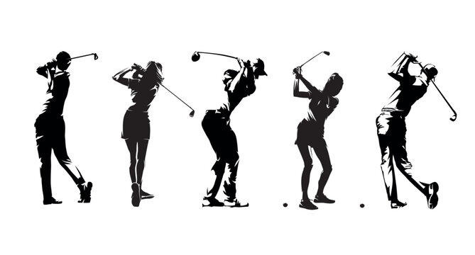 Golf, group of men and women playing golf, set of isolated vector silhouettes