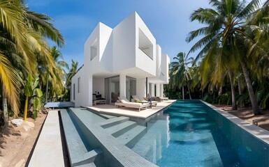 Outside of magnificent minimalist villa with expansive pool among palm trees.
