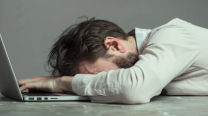 Overworked man lying his head on laptop 