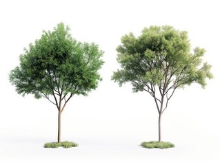 A pair of diverse trees isolated on a white background depicting seasonality and growth.