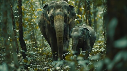 A mother elephant and her baby elephant walk in the forest. Ai generative