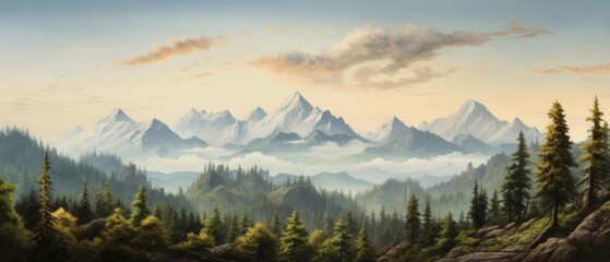 a mountain range landscape filled with pine forest - obrazy, fototapety, plakaty