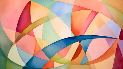 abstract watercolor painting with geometric shapes and soft gradients in pastel colors