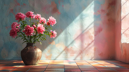 Bouquet of pink flowers in a vase on a sunlit table with colorful shadows on the wall.