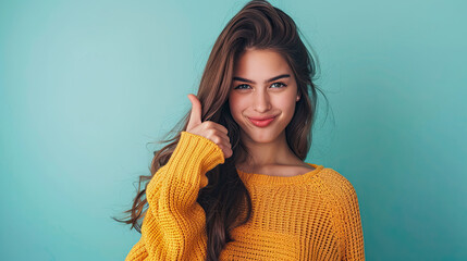 Beautiful brunette woman wearing casual clothes winking and showing thumbs up at camera on pastel blue background - obrazy, fototapety, plakaty