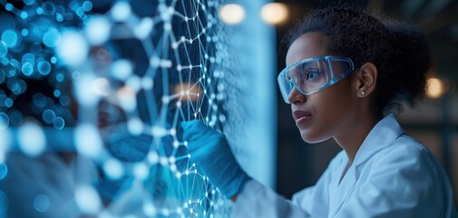 woman scientist wearing protective eyeglasses using hologram screen with polygon network pattern, Generative Ai