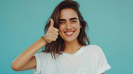 Beautiful brunette woman wearing casual clothes winking and showing thumbs up at camera on pastel blue background - obrazy, fototapety, plakaty
