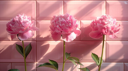 Three pink peonies against a tiled wall with soft sunlight casting shadows, creating a serene and romantic atmosphere.