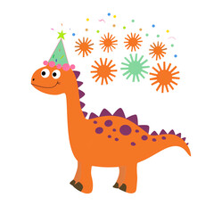 Fototapeta premium Joyful orange dinosaur with festive hat and colorful fireworks celebration isolated on transparent background
