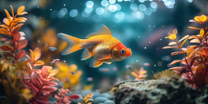 a goldfish swimming in beautiful fish tank decorated with  aquatic plants and rock, bubble with bokeh light, gorgeous aquarium scene, Generative Ai