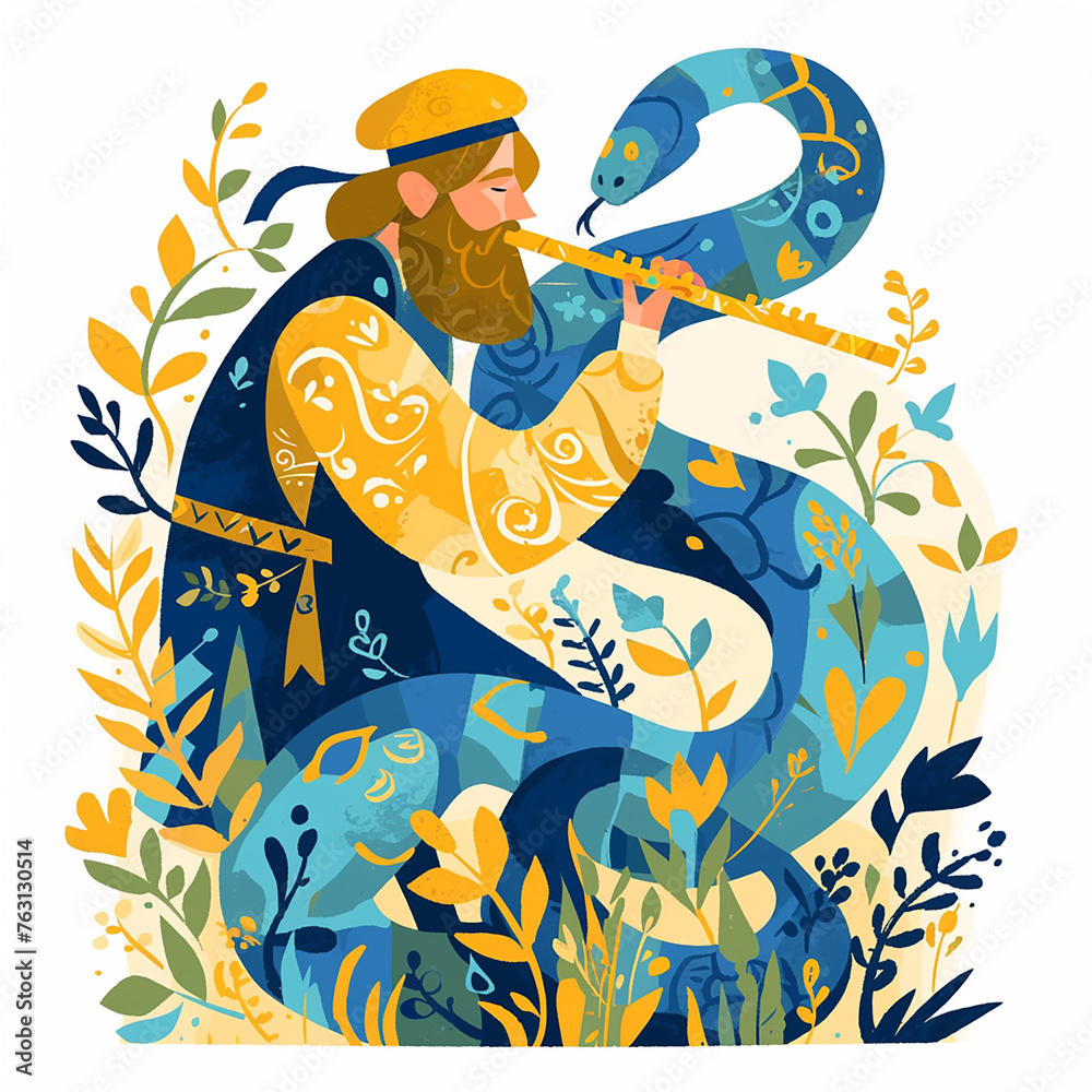 Wall mural a man playing a flute next to a snake. the snake is blue and yellow