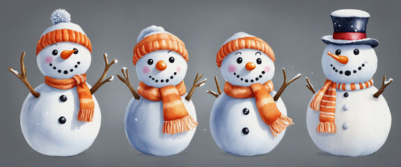 Set of watercolor snow man characters isolated on white background in Halloween with pumpkins, snowman with Jack o lantern