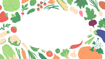 Fresh vegetable background frame, banner template with organic farmer harvest. Hand drawn border with various vegetables, healthy food ingredients vector graphic design element illustration